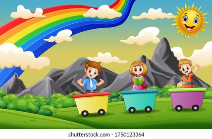 Happy children riding train on the field