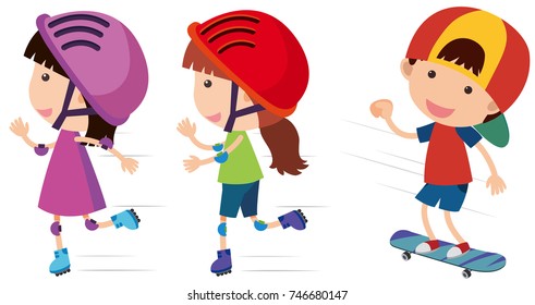 Happy children rollerskates and skateboard illustration