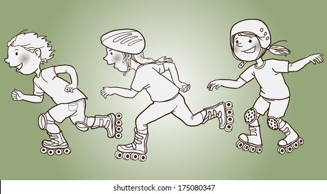 Happy Children Rollerskating . Summer activities. SPORT. Monochrome. Children illustration for School books, magazines, advertising and more. Separate Objects. VECTOR.