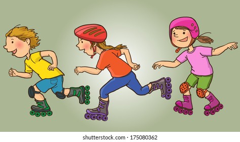 Happy Children Rollerskating . Summer activities. SPORT. Children illustration for School books, magazines, advertising and more. Separate Objects. VECTOR.