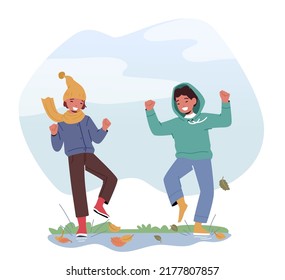 Happy Children in Rubber Boots Jumping on Puddles in Wet Rainy Day, Kids Characters Running, Outdoor Fun under Rain, Friends Walk on Street at Autumn Weather. Cartoon People Vector Illustration