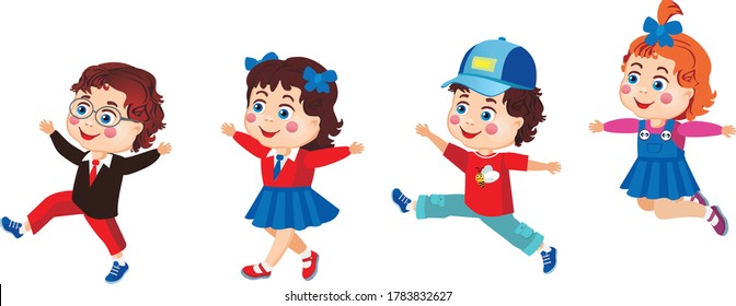 Happy children run and jump, figures on a white background.Vector image.
