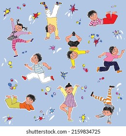 Happy children run and jump seamless pattern