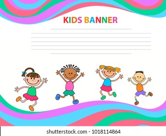 happy children run on the banner vector template colorful backround cartoon