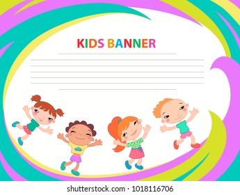 happy children run on the banner vector template colorful backround cartoon