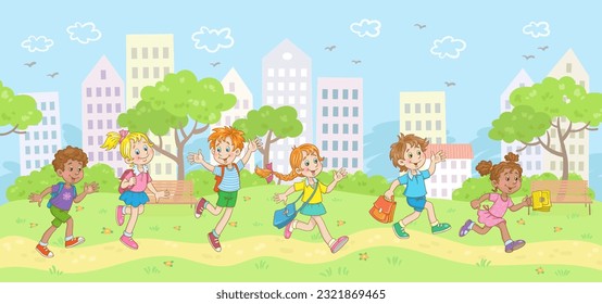 Happy children run to school through the city park. In cartoon style. Summer landscape with trees and houses. Vector illustration