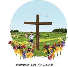 Happy Children Running Along Path Through Field Of Daffodils with Cross. Christian image illustrating Psalm 16:11 