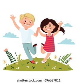 Happy children are running. Boy and girl run through a blooming glade