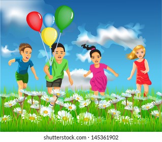 happy children running in the field