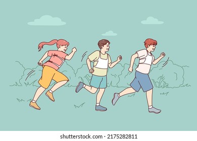 Happy children running outdoors on marathon. Smiling kids jog participate in run competition. Sport challenge concept. Vector illustration. 