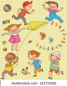 Happy Children Running Outside with the Kite. Summer activities. Children illustration for School books, magazines, advertising and more. Separate Objects. VECTOR.