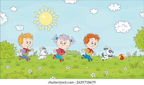 Happy children running and playing with kitten and puppy on green grass in a park on a sunny summer day, vector cartoon illustration