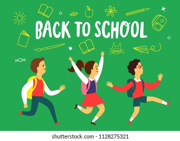 Happy children running to school. Including doodle drawings. Back to school vector illustration about education.