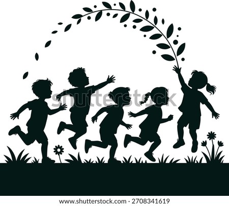 Happy Children Running Under Arch of Leaves Black Silhouette Vector