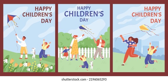 Happy children s day poster set, kids flying kite together with parents, flat vector illustration. Family with kids have fun together, summer outdoor activities concept. Set of children s day