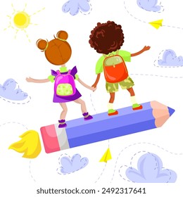 Happy children with school backpacks fly on a pencil among the abracs.Start of the school year,back to school concept