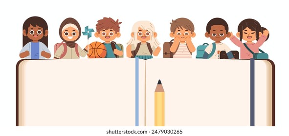 Happy children with school backpacks and open empty notebook. Flat vector education concept