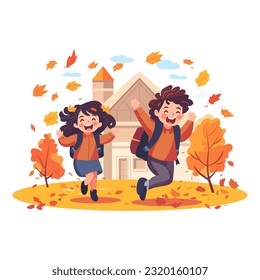 Niños felices con mochilas escolares juegan con follaje otoñal al fondo de la escuela. Hermosa ilustración vectorial de escolares y otoño. Educación y vuelta al concepto escolar.