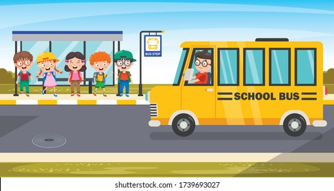 Happy Children And School Bus