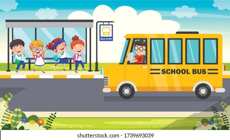 Happy Children And School Bus