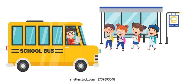 Happy Children And School Bus