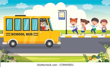 Happy Children And School Bus