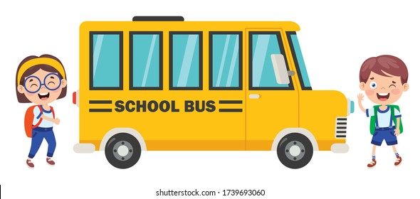 Niños Felices Y Autobús Escolar