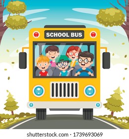 Happy Children And School Bus