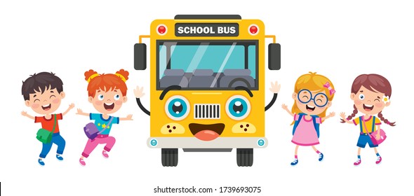 Happy Children And School Bus