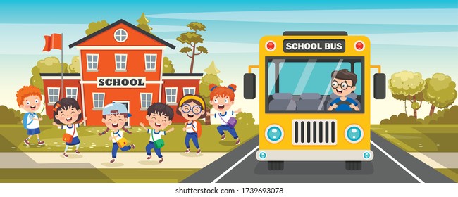 Happy Children And School Bus