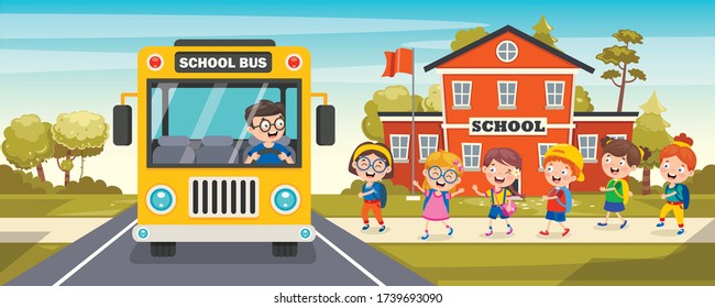 Niños Felices Y Autobús Escolar