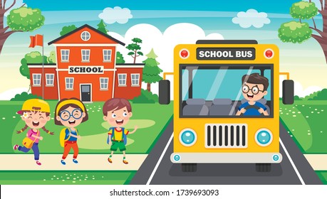 Happy Children And School Bus