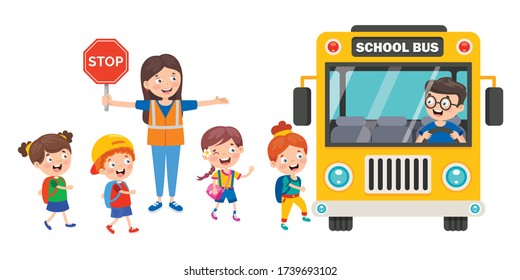 Niños Felices Y Autobús Escolar