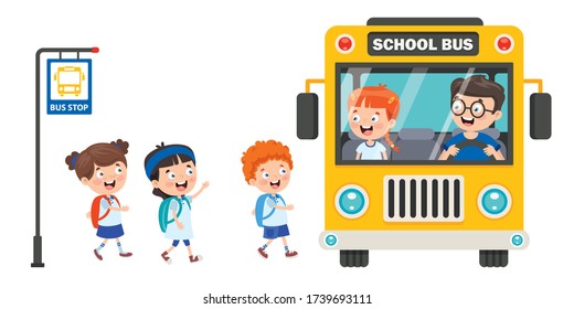 Niños Felices Y Autobús Escolar