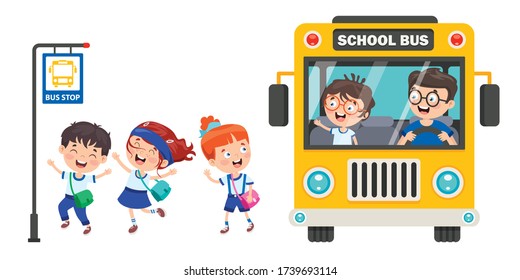 Happy Children And School Bus