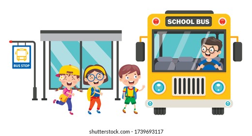 Happy Children And School Bus