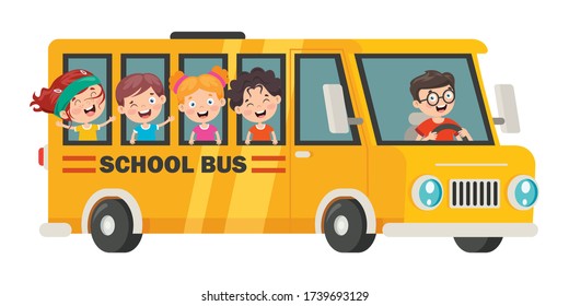 Happy Children And School Bus