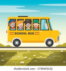 Happy Children And School Bus