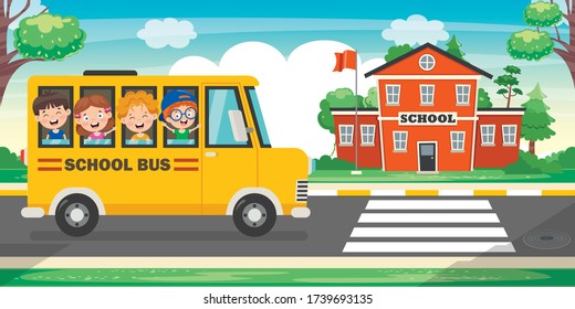 Happy Children And School Bus