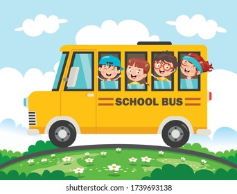 Happy Children And School Bus