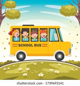 Happy Children And School Bus