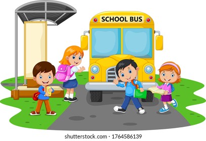 Happy Children School Bus Stock Vector (Royalty Free) 1764586139 ...