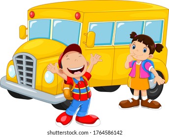 Happy Children And School Bus