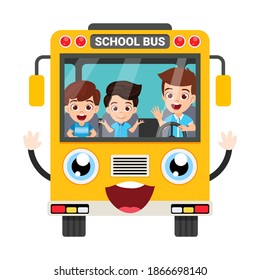 Happy children and school bus front view isolated on white background colorful design 