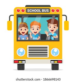 Happy children and school bus front view isolated on white background