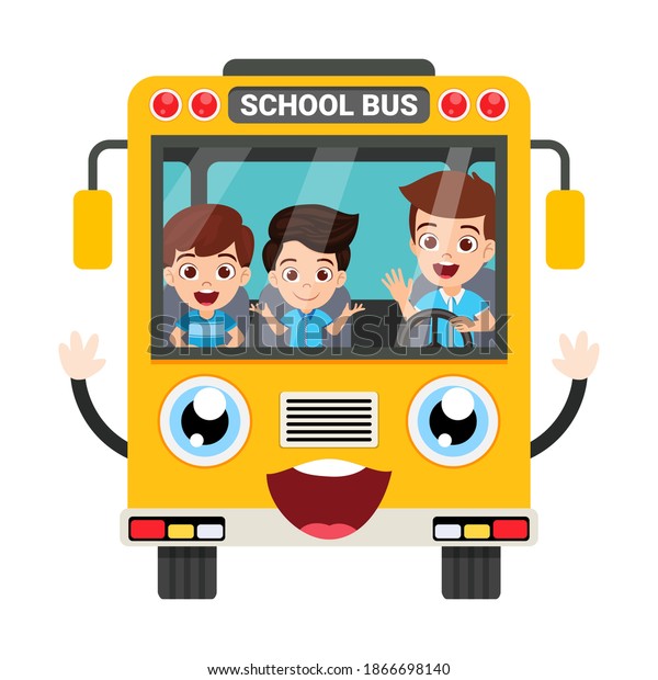 Happy children and school bus front view\
isolated on white background colorful design\
