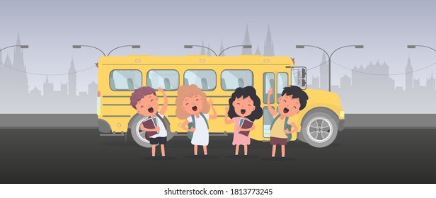 Niños felices y un autobús escolar. Los niños van a la escuela. Autobús amarillo para la escuela. Vetkor.