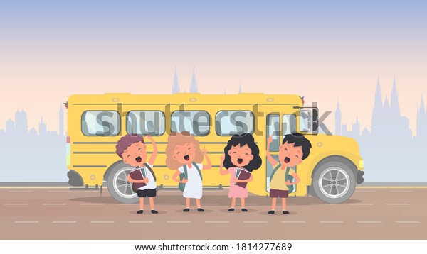 Happy children and a school bus. Children\
go to school. Yellow bus for school.\
Vetkor.