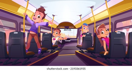 Happy children in school bus inside. Passenger cabin interior of transport with kids travel to school or excursion. Yellow bus with pupils on seats and driver, vector cartoon illustration