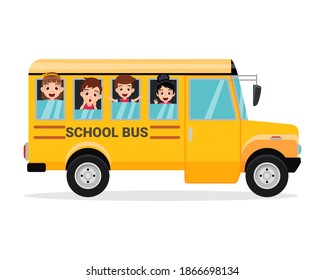 Happy children and school bus isolated on white background